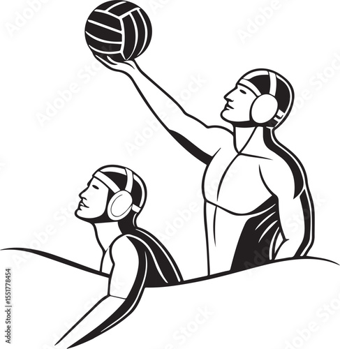 Water polo players illustration in action with ball and waves. Perfect for sports, competition, aquatic training, and team concepts. Ideal for posters, logos, and graphic projects.
