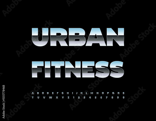 Vector Iron logo Urban Fitness. Metallic Glossy Font. Reflective Silver Alphabet Letters and Numbers set
