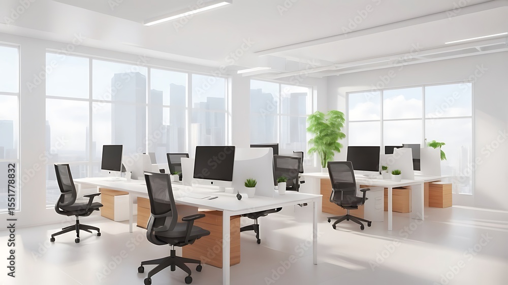 Modern open space office interior with city view. 3D Rendering
Modern open space office interior with city view. 3D Rendering