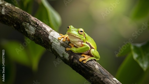 Green tree frog perched on a branch in a lush forest.  The frog is vibrant green with visible texture and subtle orange coloring on its limbs. 