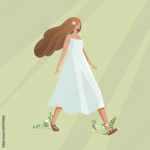 Spring is coming. Girl in a white dress is walking and flowers are blooming under her feet.