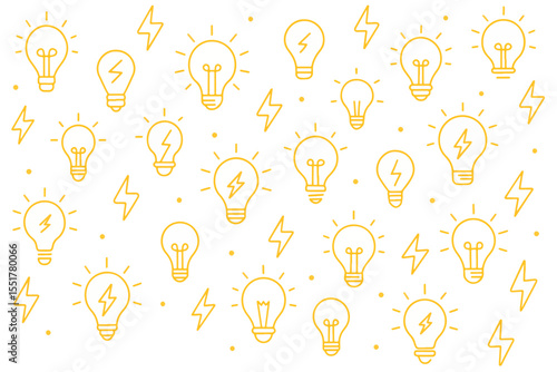 A vibrant pattern of yellow outlined light bulbs and lightning bolts symbolizes concepts of energy, creativity, and bright ideas. Vector Patterns