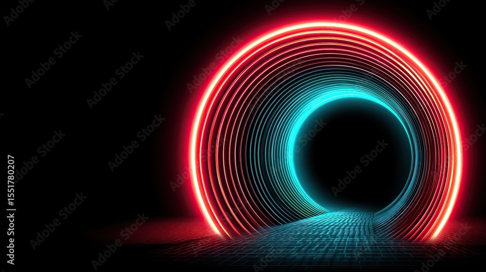 Illuminated Neon Tunnel: Red and Blue Glowing Rings in Dark Room with Grid Floor Illuminated Neon Tunnel: Red and Blue Glowing Rings in Dark Room with Grid Floor