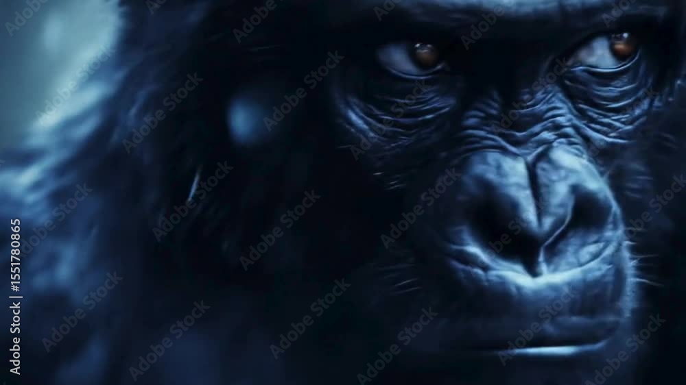 Ethereal Chimpanzee Close Up: Mystical Dark Blue Haze Ethereal Chimpanzee Close Up: Mystical Dark Blue Haze