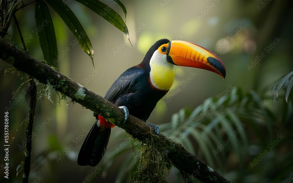 Fototapeta premium A colorful toucan bird perched gracefully on a tree branch, framed by lush foliage and soft light