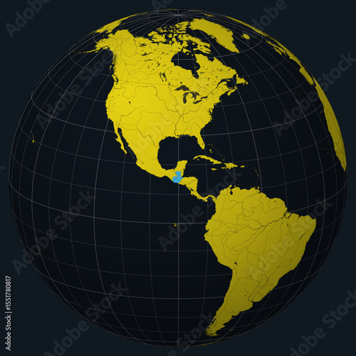 Guatemala highlighted on a globe with a charcoal and bright yellow color palette. The globe features meridians, parallels, countries, rivers, and lakes.