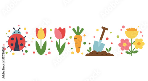Vector clipart of spring elements featuring lady bugs, some flowers, carrots and fertile soil