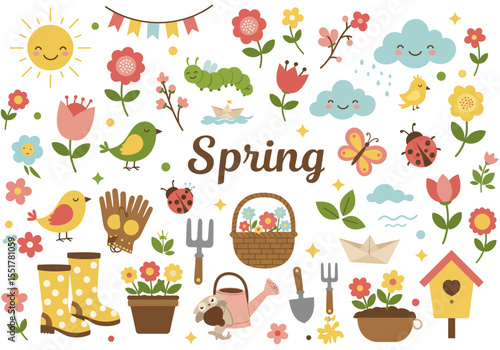 Spring season elements clipart, flat vector design