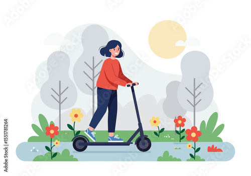 Vector illustration of a woman riding an electric scooter in a beautiful flower garden