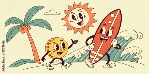 Retro cartoon characters a coin and a surfboard enjoying a sunny day at the beach