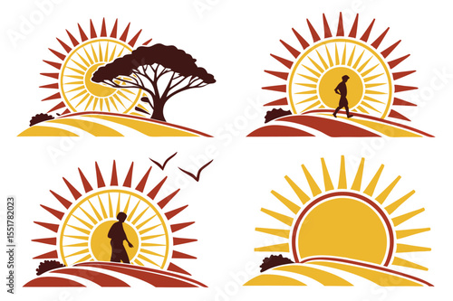 Set of four stylized sun logos with landscape elements and human figures