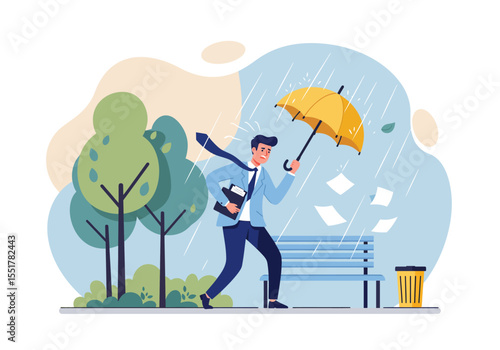 Vector illustration of a man braving rain and strong winds