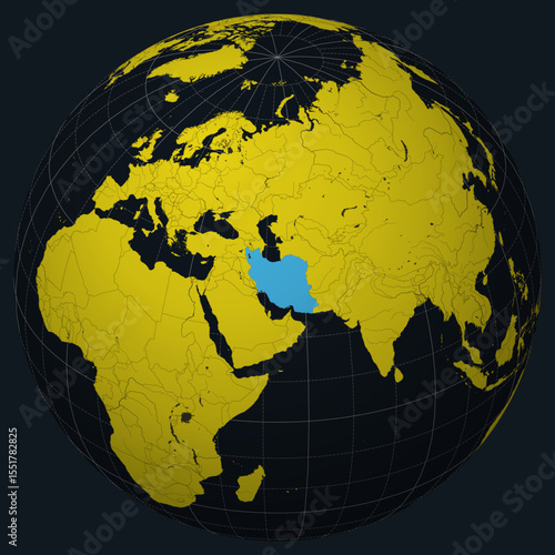 Islamic Republic of Iran on Globe. Country view on the world map in Charcoal Bright Yellow color palette. Iran shape on map. Globe with meridians, parallels, countries, rivers and lakes.