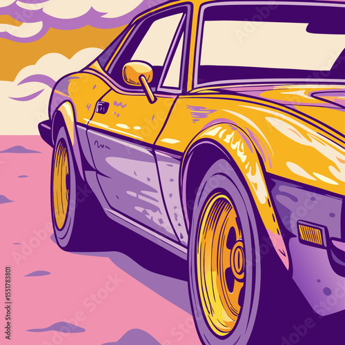 Vintage Yellow Muscle Car Illustration, Classic Car Design, Retro Automotive Art