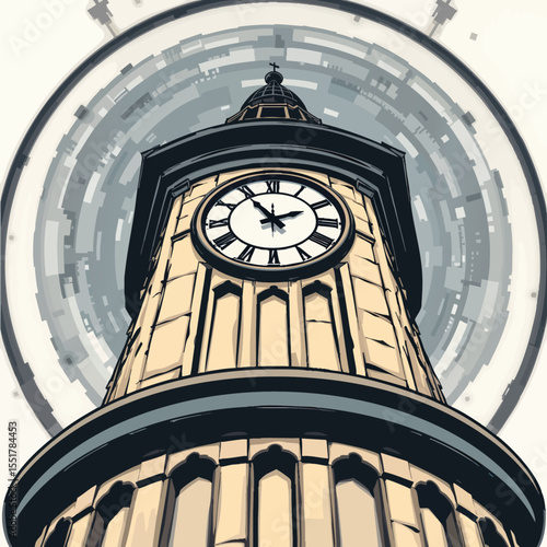 a drawing of a tower with a clock on top of it
