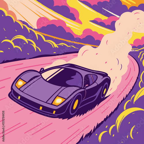 Purple Sports Car Driving on Winding Road, Sunset Illustration