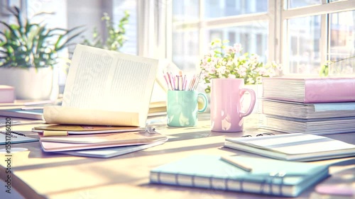 Wallpaper Mural Bright and airy workspace with colorful stationery, mugs, and plants, highlighting creativity and organization Torontodigital.ca