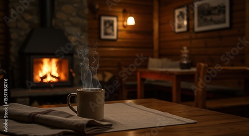 Wallpaper Mural A cozy log cabin interior with a warm fireplace, a steaming cup of tea on a wooden table, and soft blankets, creating a inviting winter retreat atmosphere with rustic charm Torontodigital.ca