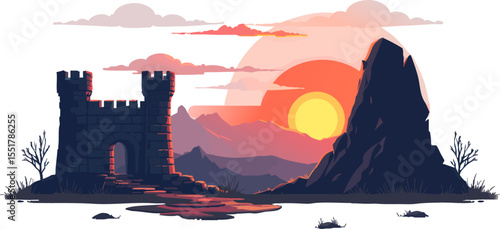 an image of a castle with a sunset in the background