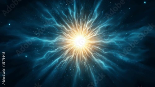 Vibrant energy explosion radiates from a bright central point, creating dynamic waves of blue light. Perfect for abstract backgrounds and creative designs.