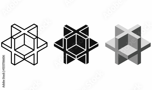 Set of Cube plus logo in 3D optical illusion style with line,outline,silhouette,gradient grey. Geometric, modern,abstract ideal for branding, tech icons, minimal design,futuristic visual identity.