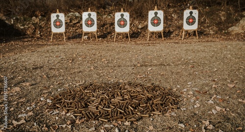Firing range with paper targets and spent shells covering ground