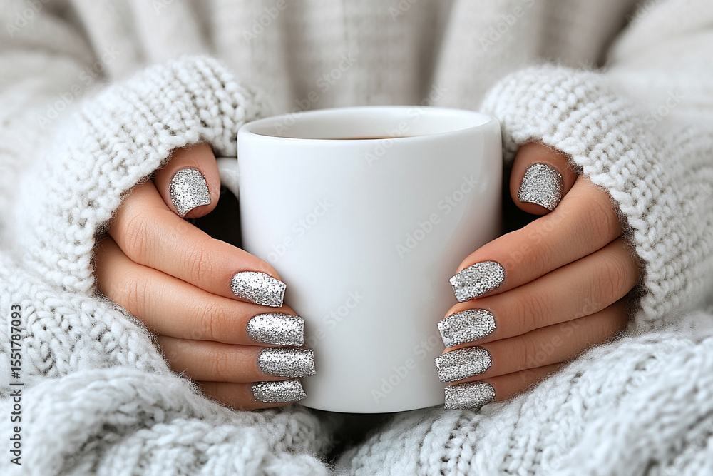 Stylish nail art highlights cozy hands holding a warm drink Stylish nail art highlights cozy hands holding a warm drink