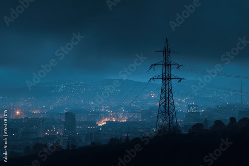 Blackout in Spain and Portugal shows dark cityscape with electricity pylon. European energy crisis. Power outage and infrastructure vulnerability at night. Power outage concept. MZ 