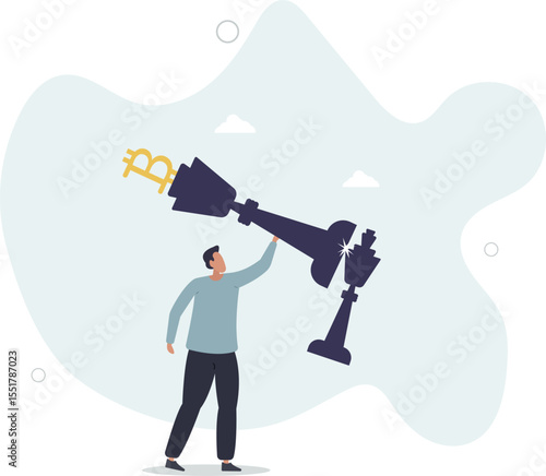 Winning Bitcoin trading strategy, make profit from crypto currency or decentralized finance defeat traditional banking concept. character life .