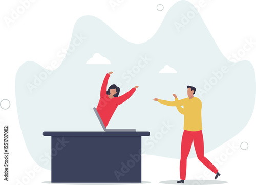 Video conference meeting with team in social distancing Coronavirus COVID-19 pandemic surreal concept. character life .