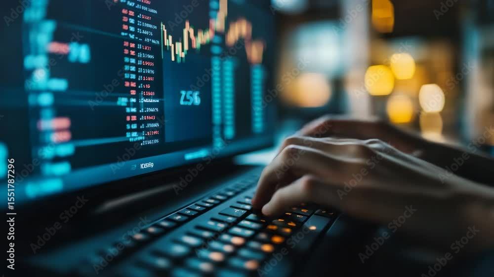 Dynamic trading: hands typing on laptop with stock market graphs in background Dynamic trading: hands typing on laptop with stock market graphs in background