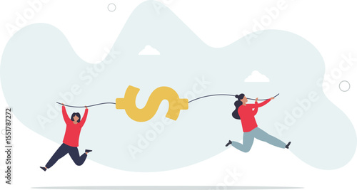 Fight for money, tug of war, business competition fight for market share or work conflict concept. character life .