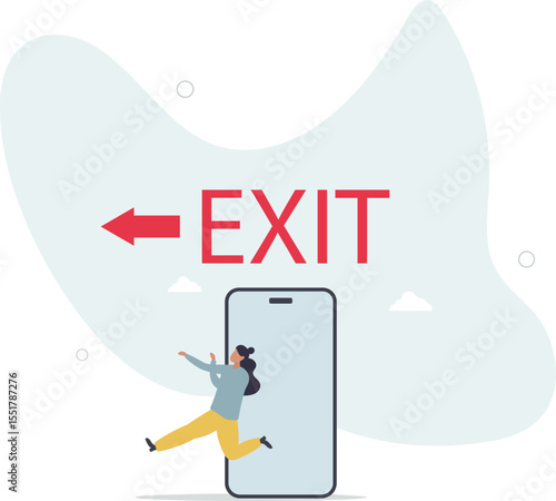 Reduce mobile screen time, digital detox, exit from virtual social media and live your real life concept. character life .