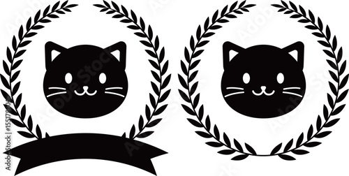 ネコと月桂冠のエンブレム　モノトーン