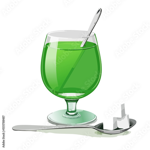 Green Drink with Spoon and Sugar Cubes in a Glass