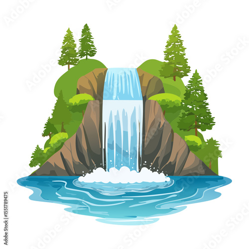 Scenic Waterfall Landscape Illustration with Trees and Water