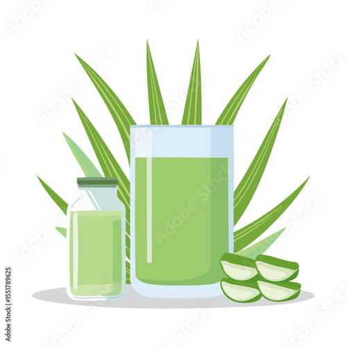 Fresh Aloe Vera Juice with Slices and Plant Background