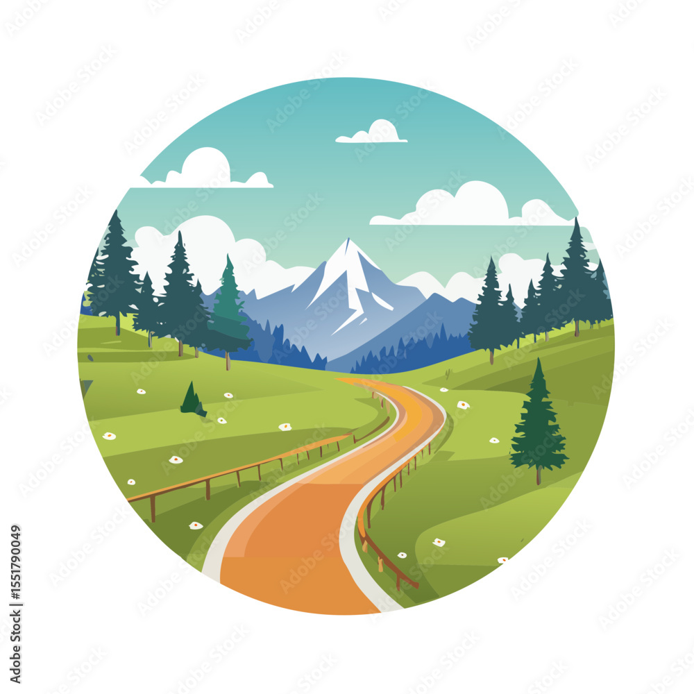 Fototapeta premium Scenic Mountain Road Illustration: A Tranquil Journey
