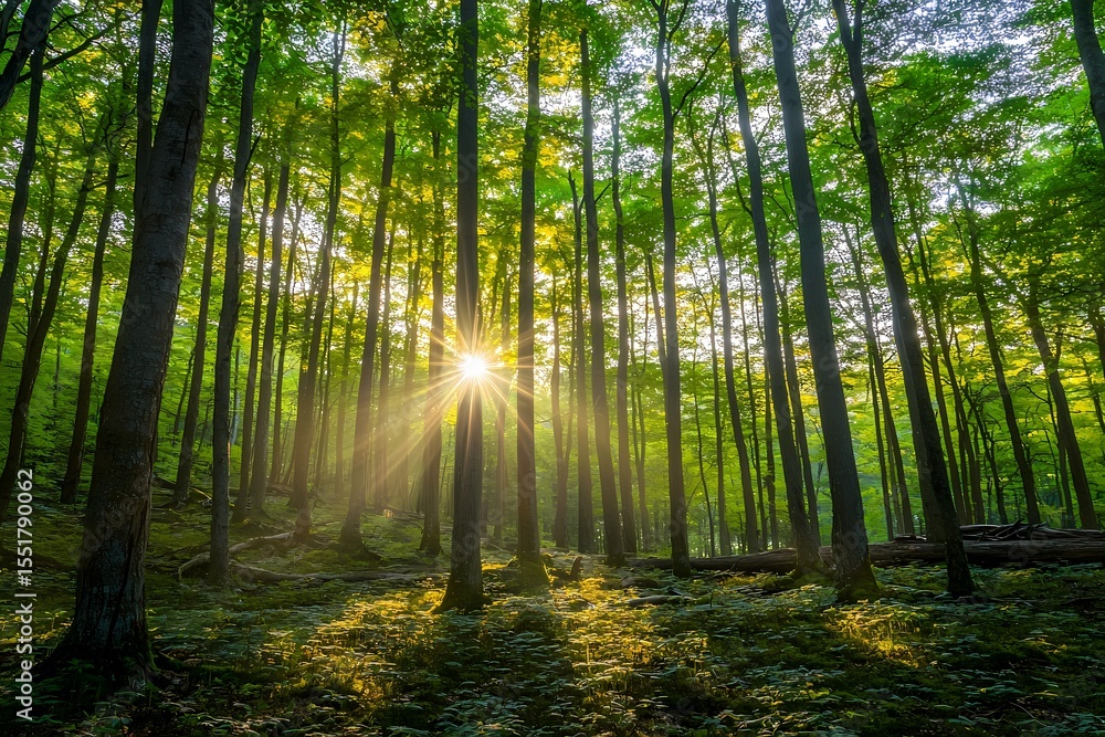 Obraz premium Sunlight Filtering Through Lush Forest Trees at Sunrise in Nature