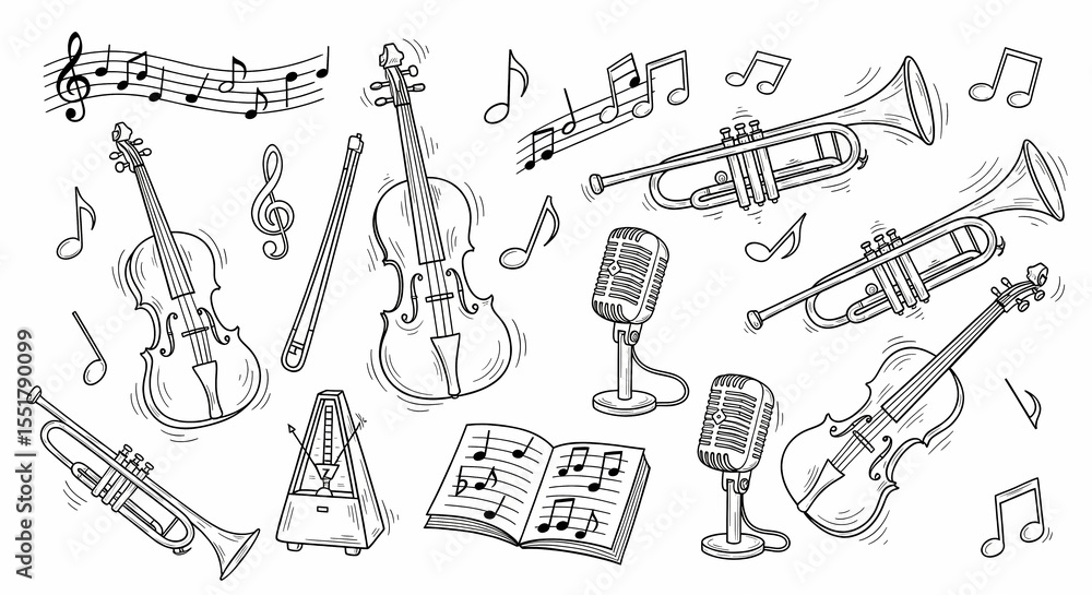 Fototapeta premium Set of hand drawn whimsical illustrations of instruments and sheet music. Doodle drawings of violins, trumpets, musical notes, metronomes, and vintage microphones. Harmonious line art in retro jazz