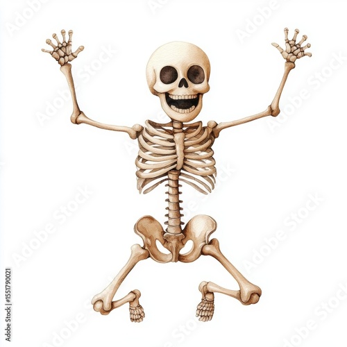 A single cute skeleton dancing joyfully, watercolor illustration, clipart, isolated on pure white background