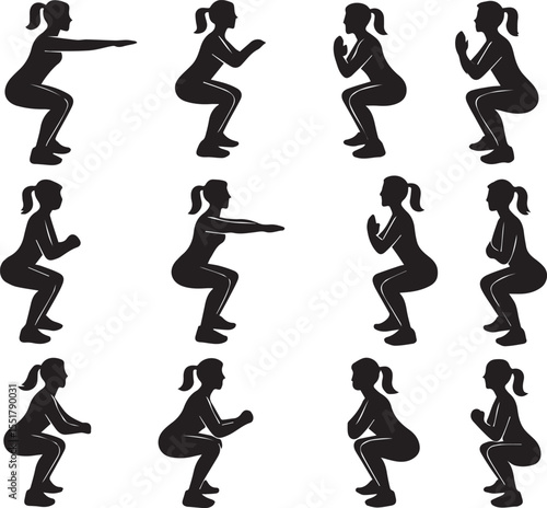 Collection of female silhouettes performing squats showing different variations and arm positions