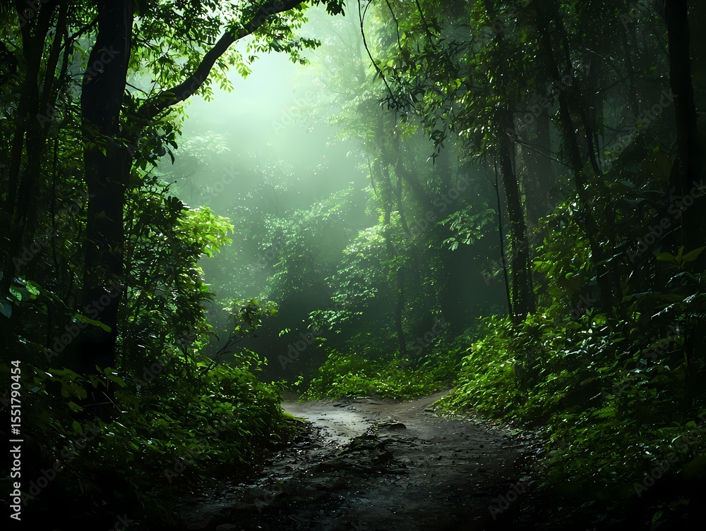 Fototapeta premium Serene Forest Path with Sunlight Filtering Through Green Foliage