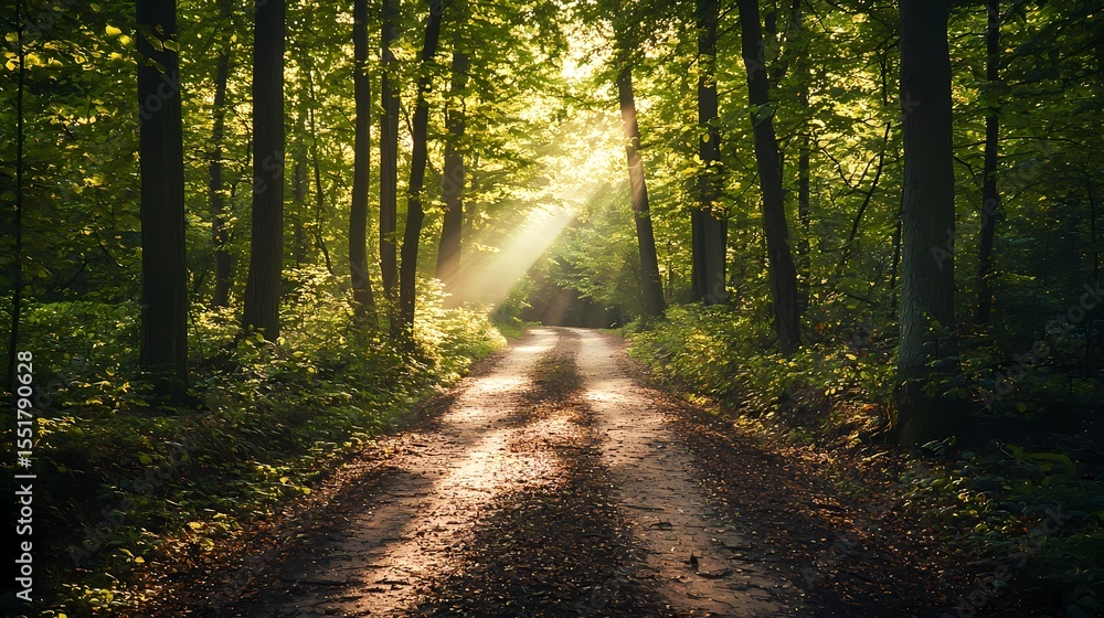 Fototapeta premium Serene Forest Pathway with Sunlight Streaming through Trees