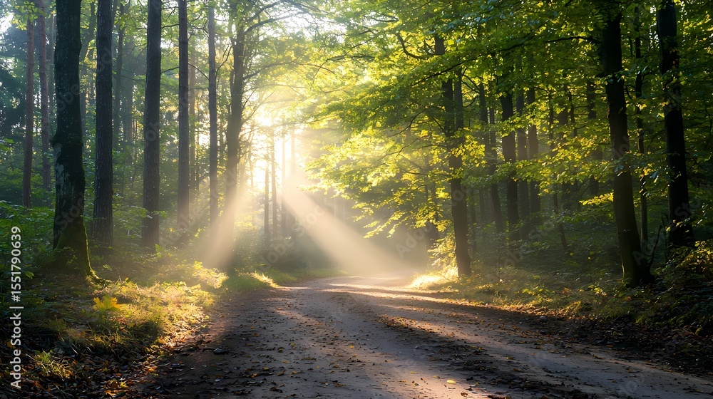 Obraz premium Serene Forest Path with Sunlight Streaming Through Trees