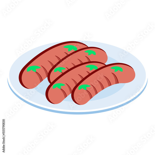 Pork sausages and herbs isometric concept, hotdog  Bangers breakfast vector icon design, German cuisine symbol, Germany Serving Platter sign, European gastronomy food culture illustration 