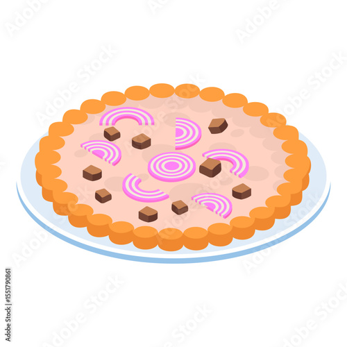 Zwiebelkuchen isometric concept, Flammekueche onion cake vector icon design, German cuisine symbol, Germany Serving Platter sign, European gastronomy food culture stock illustration 
