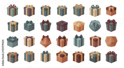 Stylish Isometric Gift Box Assortment with Ribbons and Bows in Earthy Color Palette