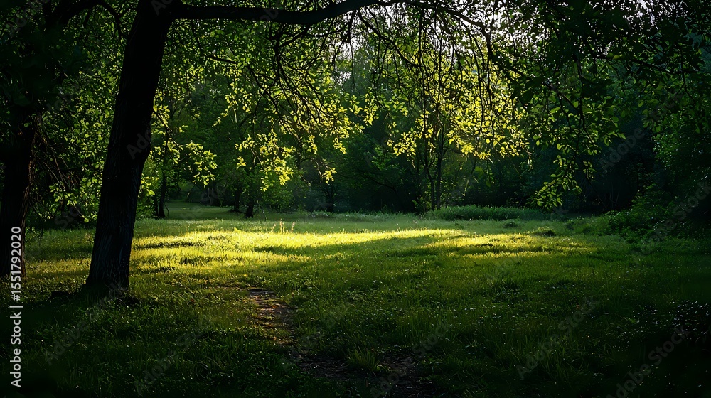 Fototapeta premium Lush Green Forest with Sunlight Filtering Through Leaves
