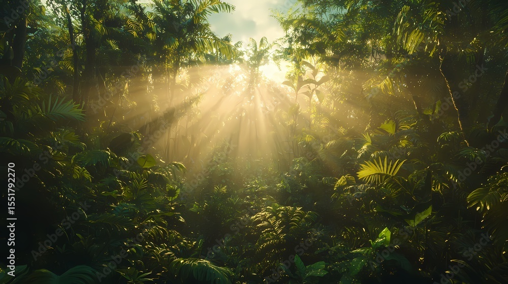 Ethereal Sunlight Streaming Through Lush Green Forest Foliage Ethereal Sunlight Streaming Through Lush Green Forest Foliage